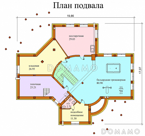 Проект двухэтажного дома с бильярдной и тренажерным залом на цокольном этаже / План цокольного этажа