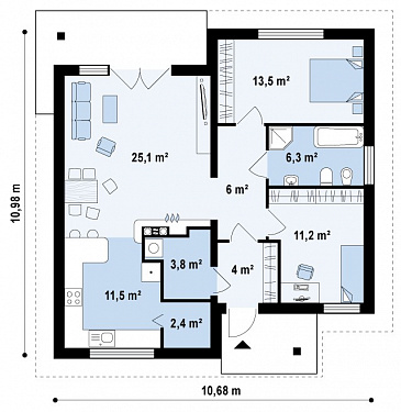 Проект одноэтажного дома из кирпича с двумя спальнями и крытой террасой / План 1 этажа