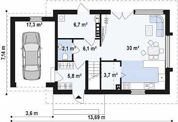 Проект компактного одноэтажного дома из газобетона с ночной зоной на мансардном этаже и с гаражом  / План 1 этажа