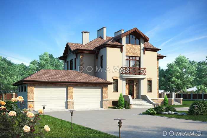 Проект дома с бассейном и просторной комнатой отдыха в цокольном этаже, сауной, гаражом на два автомобиля, открытой террасой, столовой с эркером