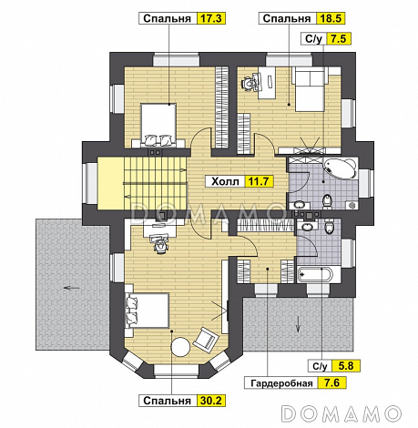 Проект оштукатуренного двухэтажного коттеджа в стиле модерн / План 2 этажа