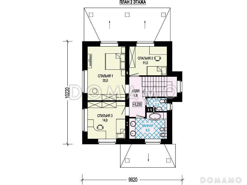 Проект дома из газобетона с крытой террасой, совмещенной кухней-столовой и гостиной, комнатой на первом этаже / План 2 этажа