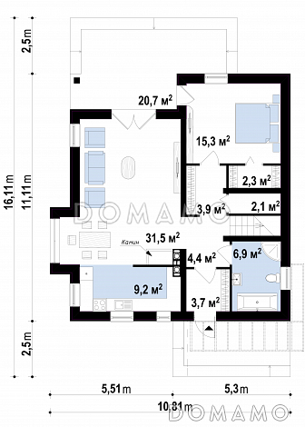 Проект одноэтажного дома из газобетона с мансардным этажом с прямоугольным эркером и балконом / План 1 этажа