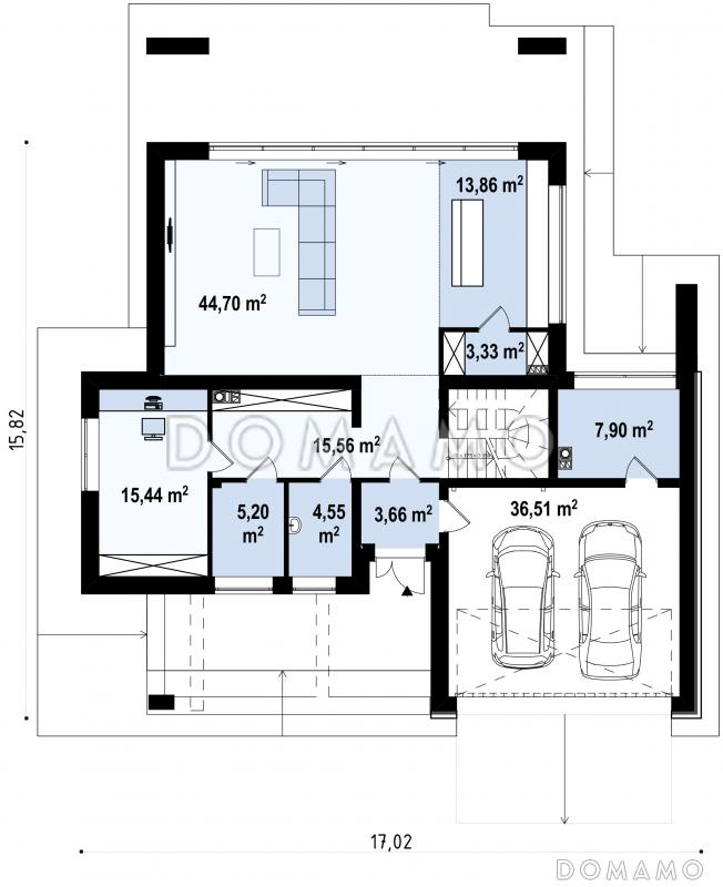 Проект просторного современного двухэтажного дома из газобетона с плоской крышей,  с пятью комнатами, гаражом и террасой на втором этаже / План 1 этажа