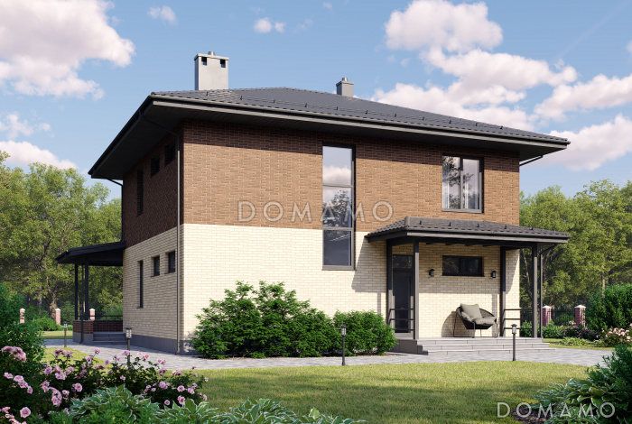 Проект двухэтажного дома из газобетона с мастер-спальней, комнатой на первом этаже и крытой террасой