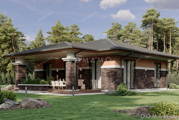 Проект дома с тремя спальнями, окнами в пол и крытой террасой