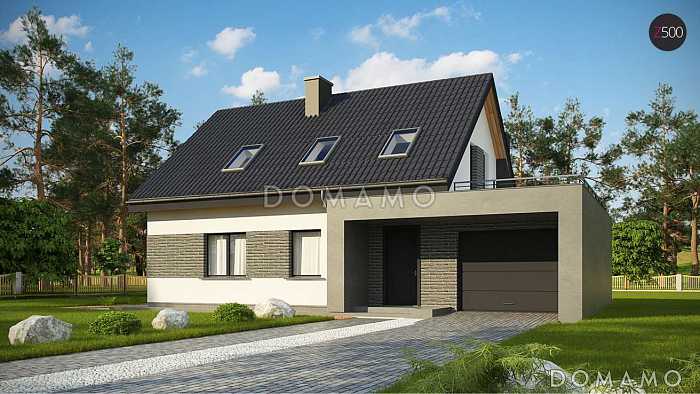 Проект одноэтажного мансардного дома из газобетона в современном стиле, с гаражом и террасой над ним