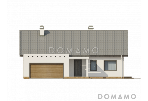 Проект одноэтажного дома из кирпича с антресолью в гостиной, со свободной планировкой мансардного этажа и гаражом / Фасад 1