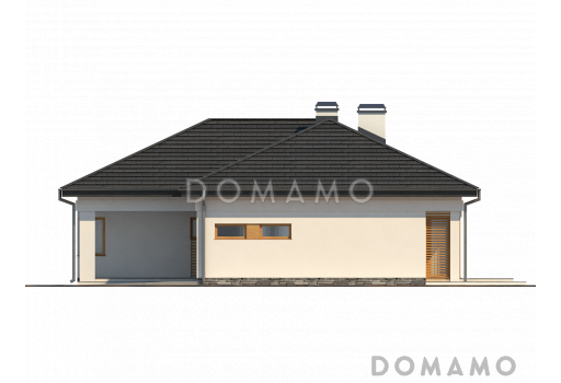 Проект одноэтажного дома из кирпича с дневной зоной в тыльной части дома и выходом на большую террасу и гаражом на два автомобиля / Фасад 2