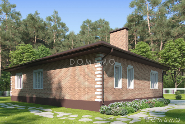 Проект одноэтажного дома из газобетона с верандой, кухней-столовой, тремя спальнями