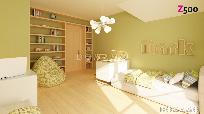 Проект одноэтажного мансардного дома для каркасного строительства с двумя балконами и барбекю на террасой