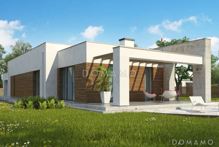 Проект современного одноэтажного дома из газобетона для узкого участка с плоской крышей с тремя спальнями и гаражом 