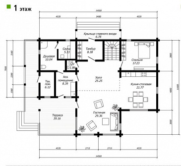 Проект дома из бруса с просторной гостиной со вторым светом / План 1 этажа
