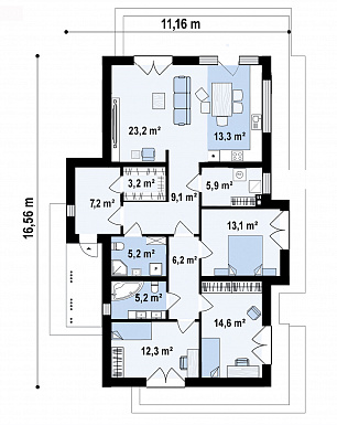 Проект одноэтажного дома с грамотной планировкой, эркером, навесом, объединенной кухней и гостиной / План 1 этажа