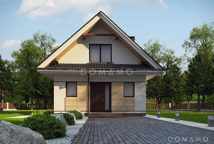 Проект небольшого мансардного дома из газобетона с панорамным остеклением дневной зоны