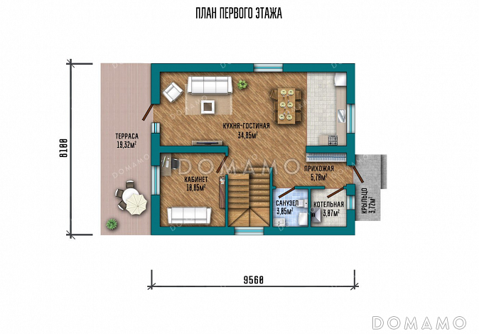 Проект одноэтажного дома с мансардой и террасой / План 1 этажа