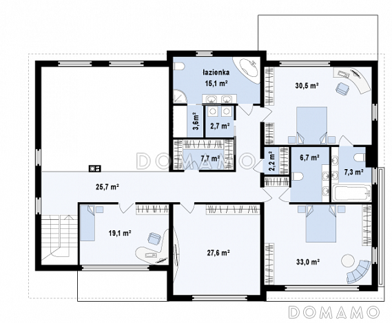 Проект большого комфортабельного двухэтажного дома из газобетона с пятью комнатами, спортзалом и вторым светом над просторной гостиной / План 2 этажа