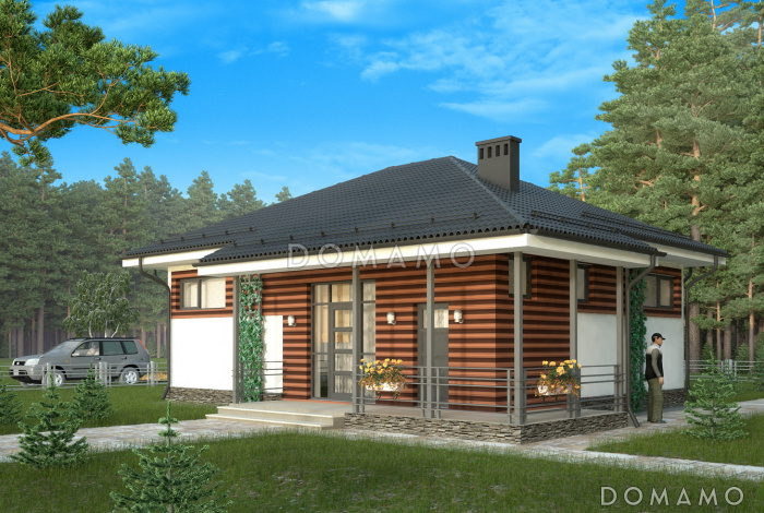 Проект одноэтажного домика с красной полосатой отделкой  фасадов