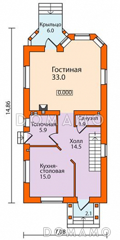 Проект дома из пенобетона для узкого участка / План 1 этажа