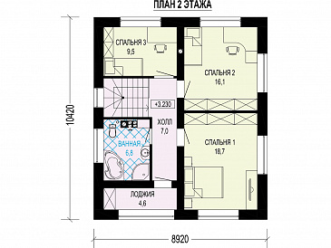 Проект двухэтажного дома с кладовой, кухней-столовой, лоджией / План 2 этажа
