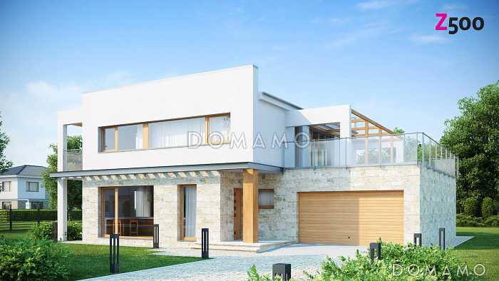 Проект современного двухэтажного дома из газобетона с четырьмя спальнями, кабинетом и гаражом