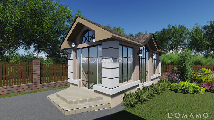 Проект закрытой беседки с панорамными окнами