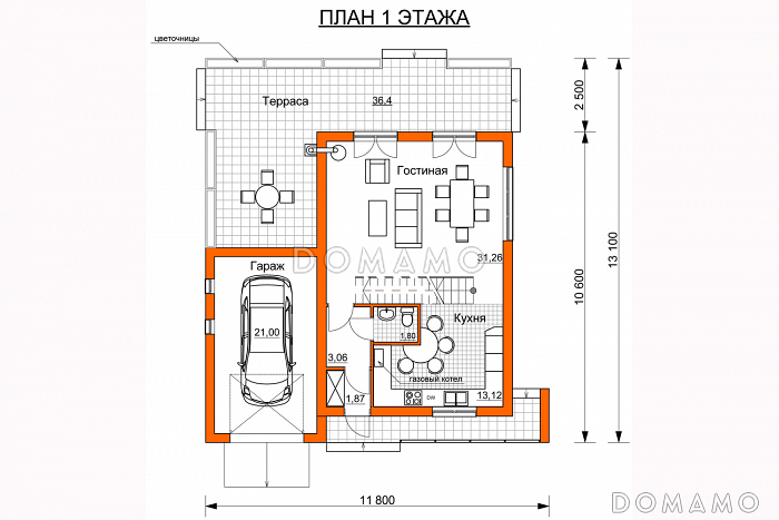 Проект дома с просторной открытой террасой, гаражом, спальнями и большим балконом-террасой на втором этаже / План 1 этажа