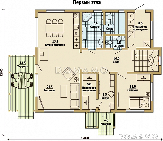 Проект дома с четырехскатной крышей / План 1 этажа