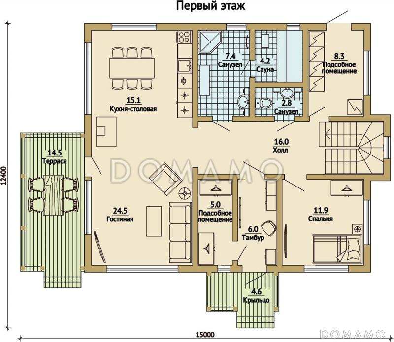 Проект дома с четырехскатной крышей / План 1 этажа