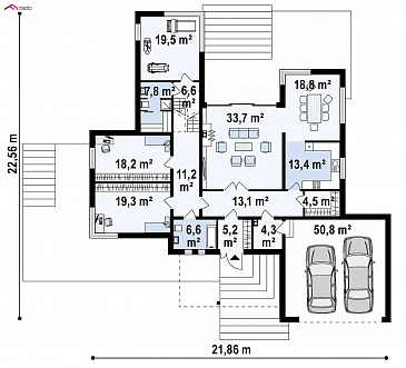 Проект современного трёхуровнего дома из газобетона с плоской крышей, с большим гаражом, спортзалом и сауной  / План 1 этажа