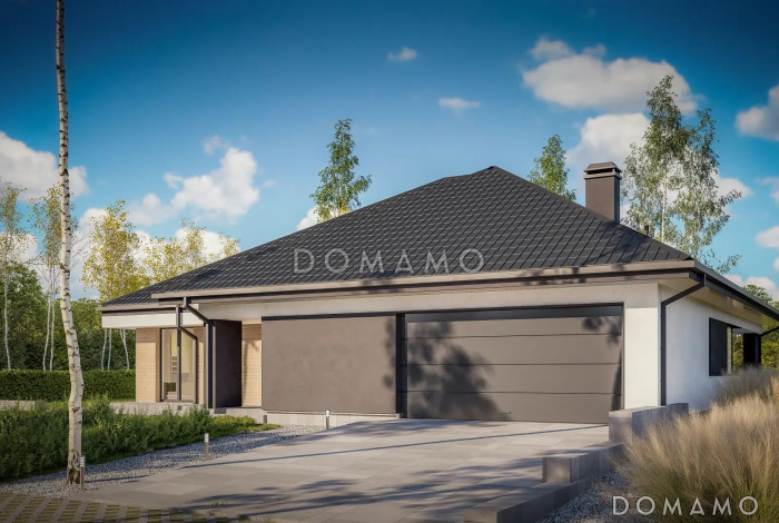 Проект дома из газобетона с просторной террасой и гаражом на 2 машины