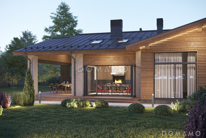 Проект современного дома с сауной, крытой террасой с барбекю, навесом для двух машин и 4 спальнями