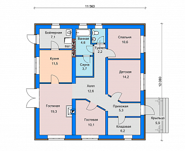 Проект дома с детской комнатой, сауной, гостиной с камином и выходом во двор / План 1 этажа