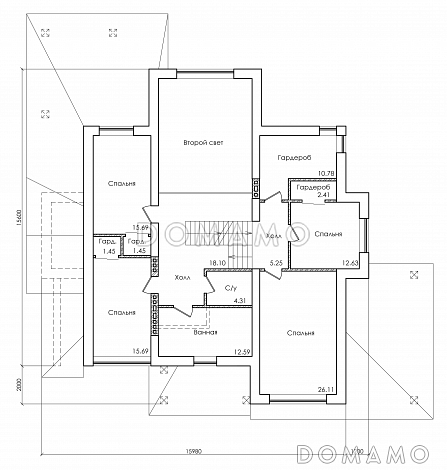 Проект особняка в трех уровнях, с комнатой отдыха на чердаке, с мастерской, гаражом и навесом под автомобиль / План 2 этажа