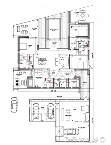 Проект одноэтажного дома с зоной барбекю, сауной и гаражом / План 1 этажа