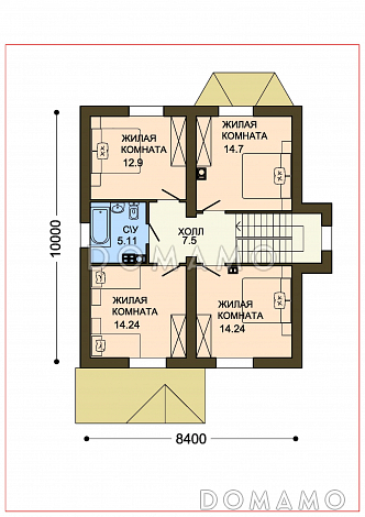 Проект уютного компактного коттеджа с зеленой крышей и панорамным эркером гостиной / План мансардного этажа