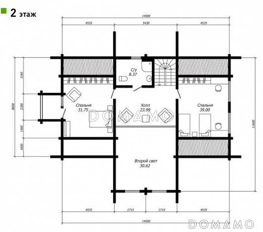 Проект дома из бруса с просторной гостиной со вторым светом / План мансардного этажа