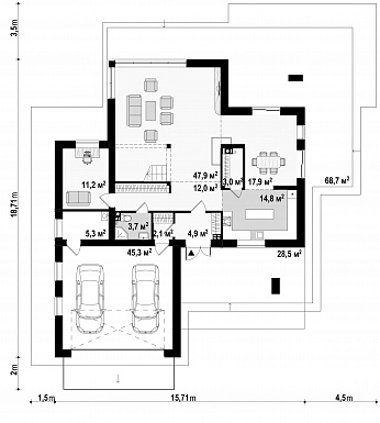 Проект большого современного двухэтажного дома из газобетона с большой площадью остекления, гаражом и просторными террасами на обоих уровнях / План 1 этажа