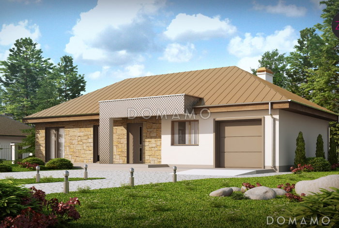 Проект одноэтажного дома из кирпича с прямоугольным эркером в современном архитектурном исполнении и со встроенным гаражом