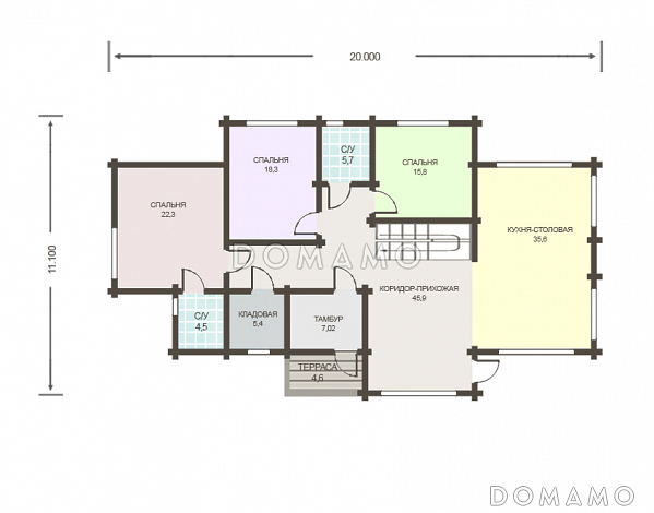 Проект дома из клееного бруса с мансардным окном / План 1 этажа