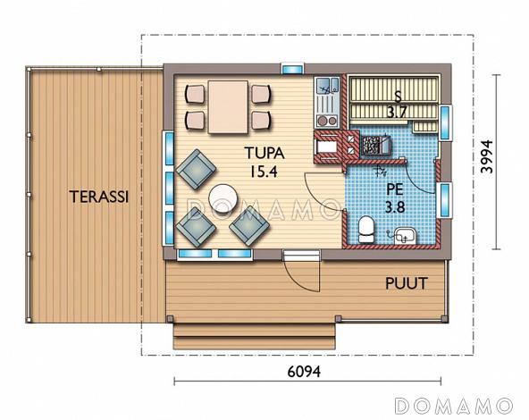 Проект каркасной сауны с большими окнами в комнате отдыха / План 1 этажа