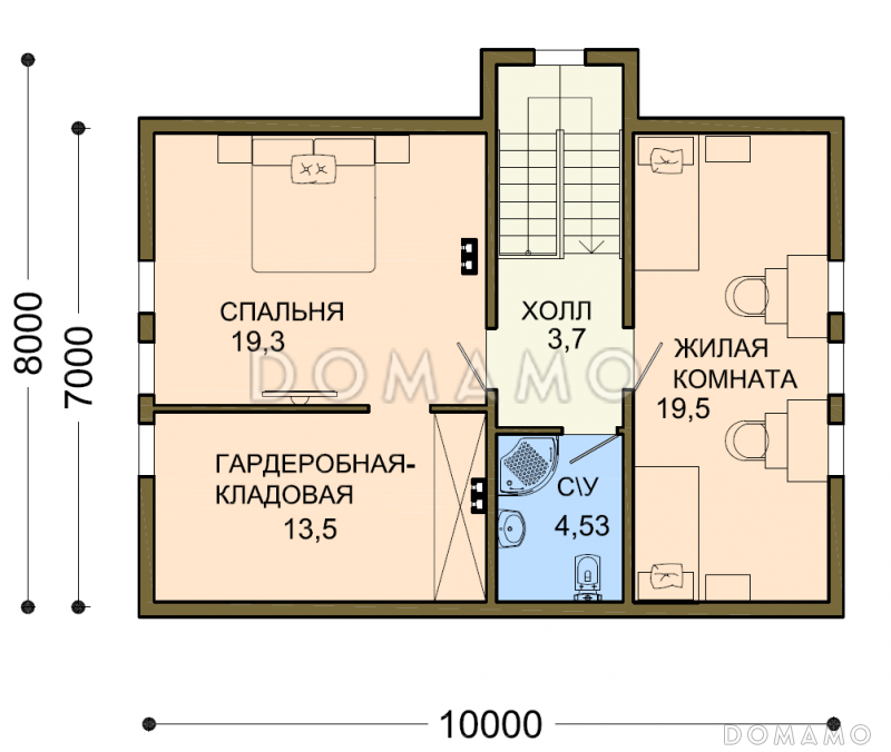 Проект дачного дома с остекленной верандой и мансардой / План мансардного этажа