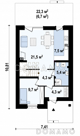Проект двухэтажного дома из газобетона с кабинетом и балконом / План 1 этажа