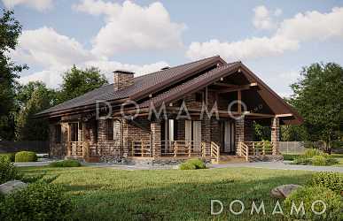 Проект выразительного одноэтажного дома с двухскатной крышей в разных уровнях, большой террасой и вторым светом