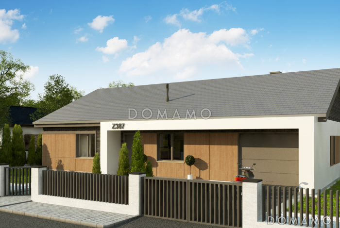 Проект одноэтажного дома с террасой, гаражом, кладовой, тремя спальнями