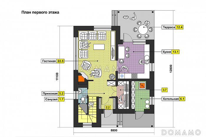 Загородный дом из СИП панелей с односкатной крышей, круглым окном, крытой террасой и вторым светом / План 1 этажа