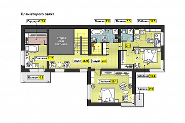 Проект дома с гаражом на две машины, террасой, вторым светом, сауной, двумя балконами / План мансардного этажа