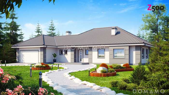 Проект одноэтажного дома из газобетона с просторной гостиной и с большим пристроенным гаражом