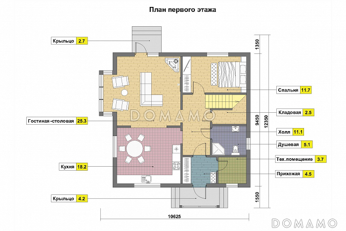 Проект каркасного дома с эркером и спальней на первом этаже / План 1 этажа