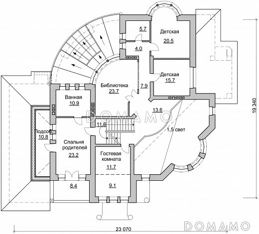 Проект коттеджа с двусветной гостиной, террасой и гаражом на 2 а/м / План 2 этажа